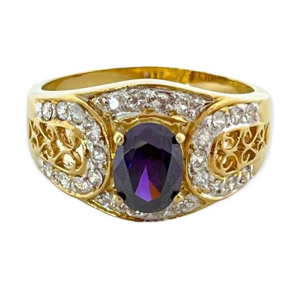 Vintage Ring Size 6 Purple & Clear Cubic Zirconia 18K Gold Plate Mid-Century 14J - Picture 5 of 9
